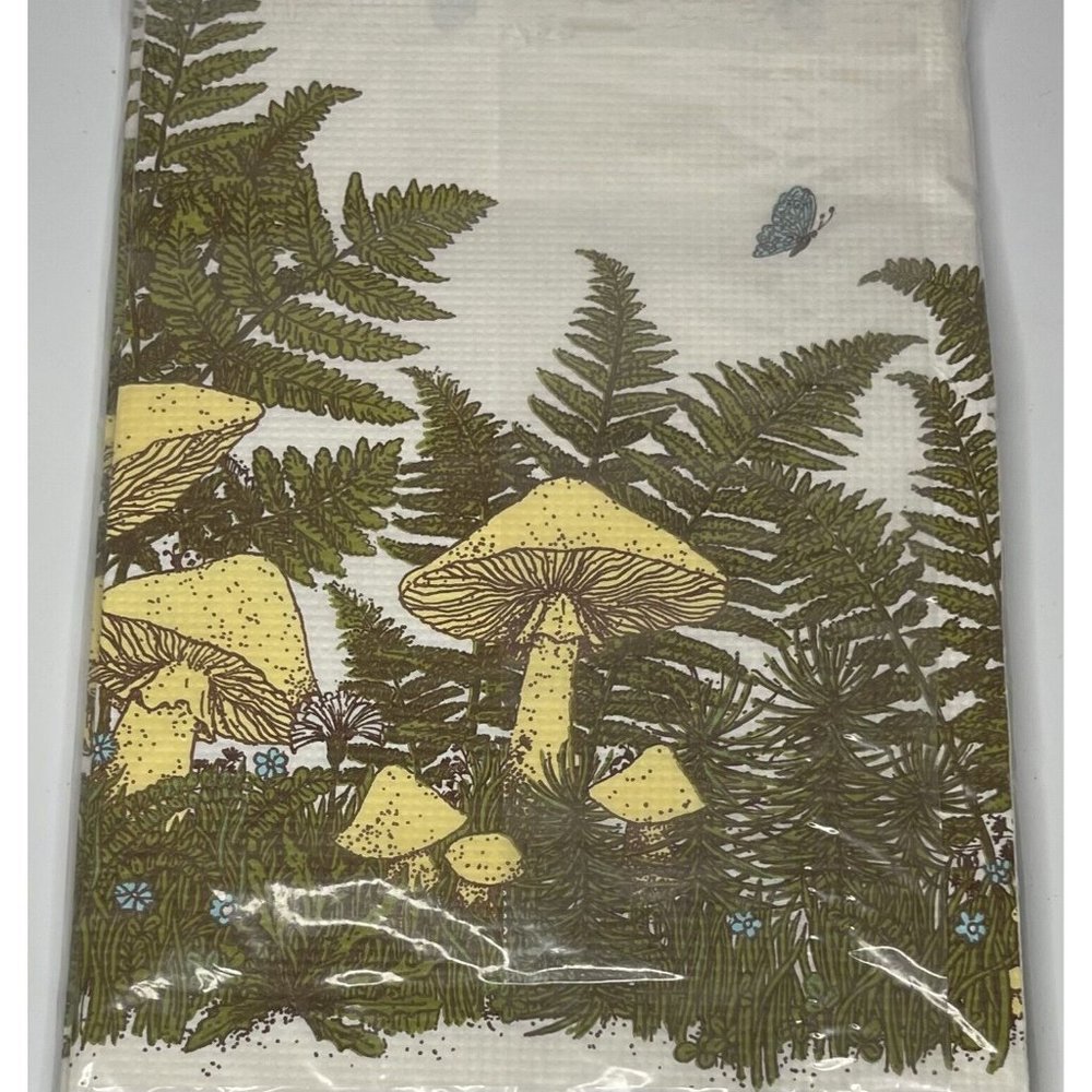 Vintage 70's Merry Mushroom Paper Tablecloth Cover 44x44"  NOS Cottagecore Craft